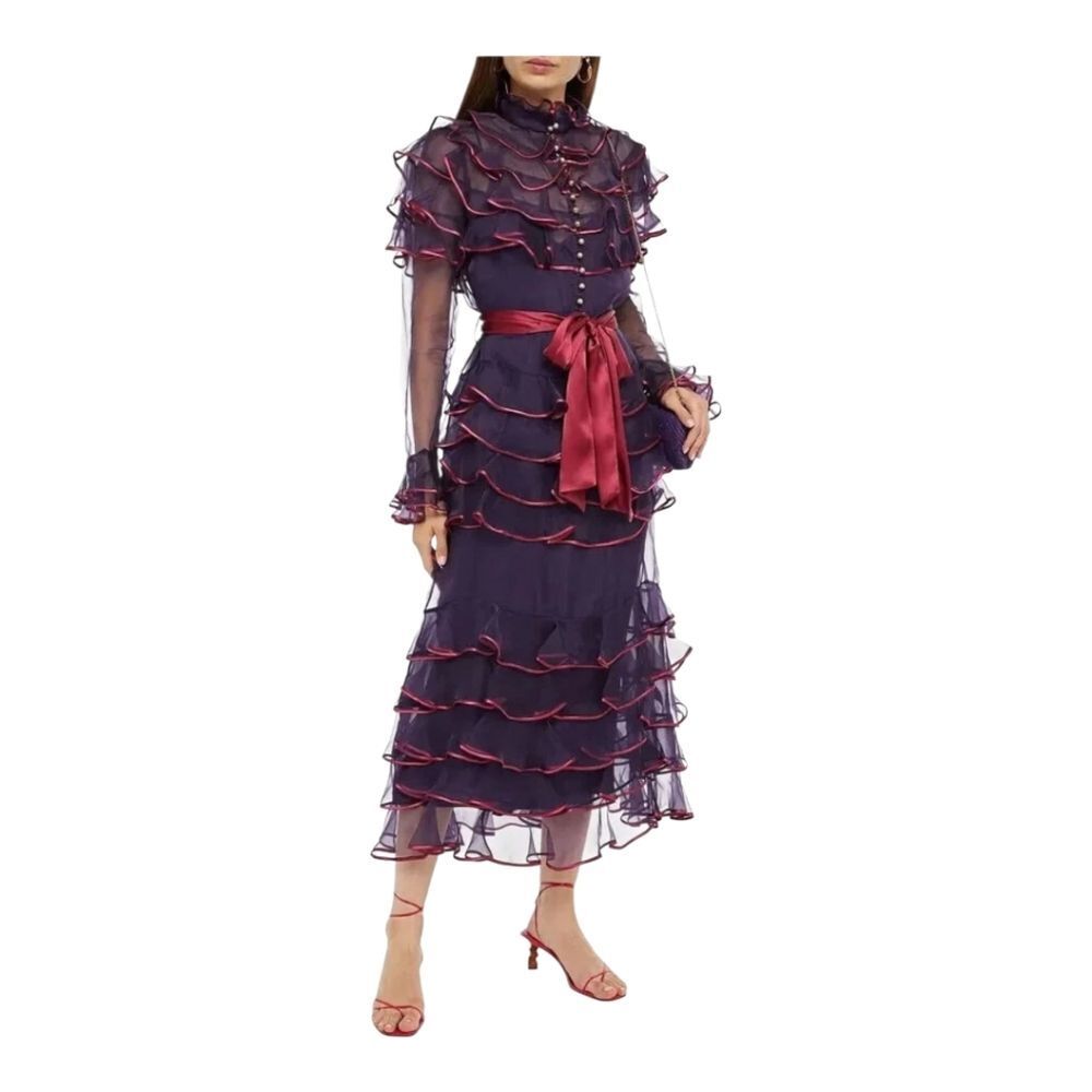 Zimmermann Belted Tiered Silk-Organza Midi Dress in Purple‎ | NWT, Size 4
